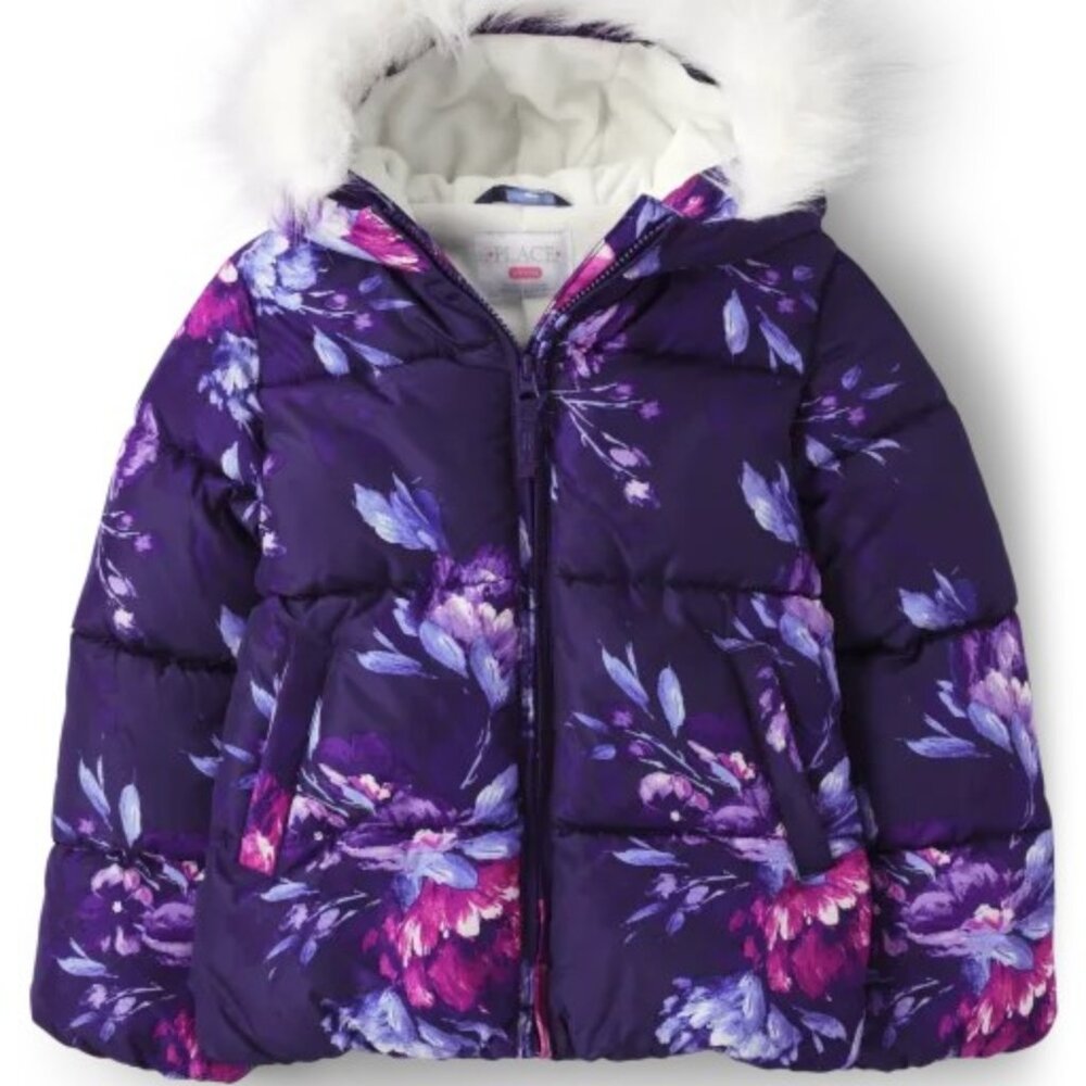 The Childrens Place Empire Purple Floral Hooded Puffer Jacket Girls Size M, 7/8